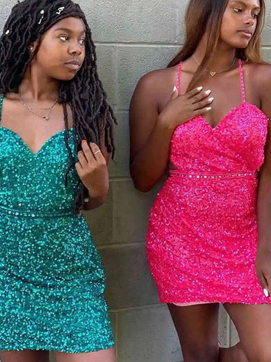 Sheath/Column V-neck Sequined Short/Mini Homecoming Dresses With Sashes / Ribbons #Favs020111719