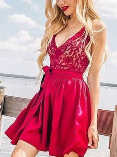 A-line V-neck Silk-like Satin Short/Mini Homecoming Dresses With Lace #Favs020111727