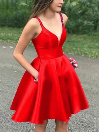 A-line V-neck Satin Short/Mini Homecoming Dresses With Pockets #Favs020111729