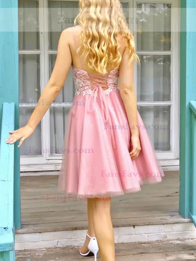 A-line V-neck Lace Tulle Knee-length Homecoming Dresses With Appliques Lace #Favs020111730