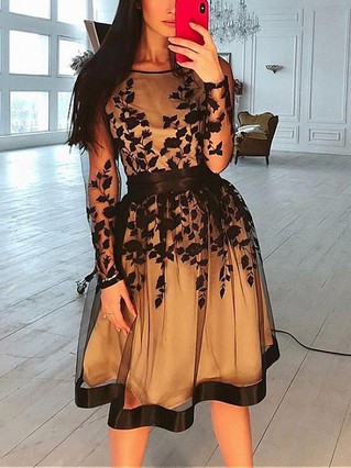 A-line Scoop Neck Lace Tulle Knee-length Homecoming Dresses With Appliques Lace #Favs020111733