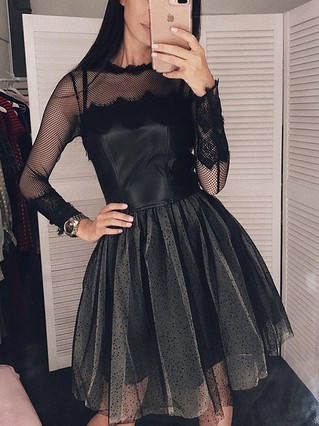 A-line Scoop Neck Tulle Lace Short/Mini Homecoming Dresses With Appliques Lace #Favs020111739