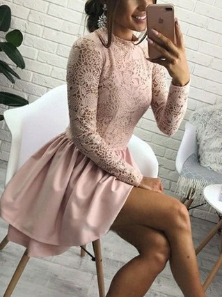 A-line High Neck Lace Silk-like Satin Knee-length Homecoming Dresses #Favs020111745