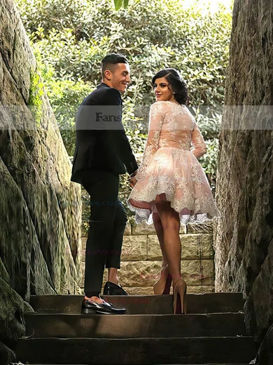 Exclusive A-line Square Neckline Tulle Short/Mini Appliques Lace Long Sleeve Short Prom Dresses #Favs020103486