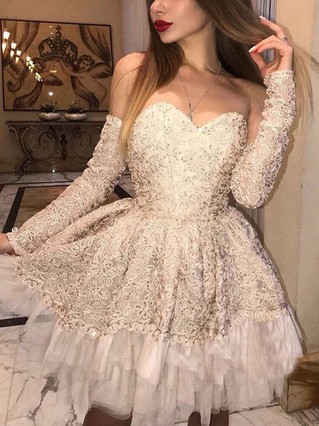 A-line Off-the-shoulder Lace Tulle Knee-length Homecoming Dresses With Beading #Favs020111759