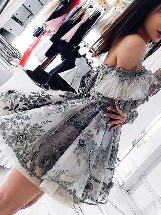 A-line Off-the-shoulder Lace Tulle Short/Mini Homecoming Dresses With Appliques Lace #Favs020111769