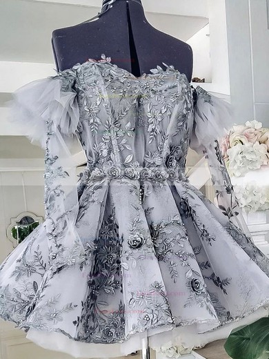 A-line Off-the-shoulder Lace Tulle Short/Mini Homecoming Dresses With Appliques Lace #Favs020111769