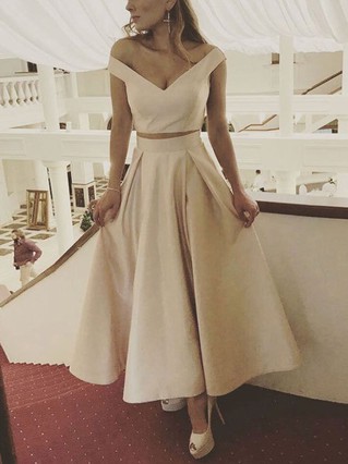 A-line Off-the-shoulder Satin Ankle-length Homecoming Dresses #Favs020111776