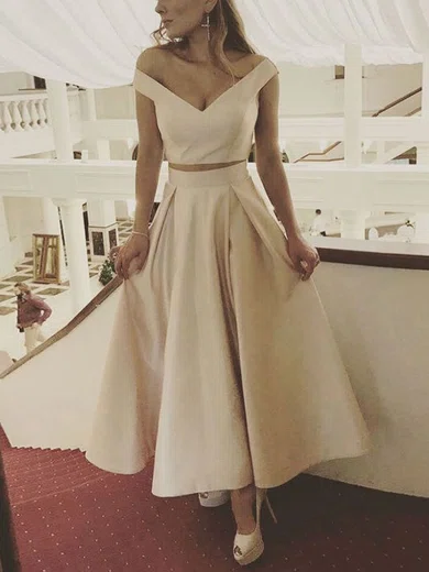 A-line Off-the-shoulder Satin Ankle-length Homecoming Dresses #Favs020111776