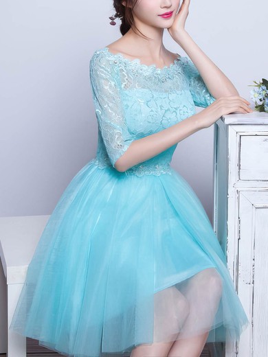 Pretty A-line Scoop Neck Lace Tulle Short/Mini Beading 1/2 Sleeve Prom Dresses #Favs020102871