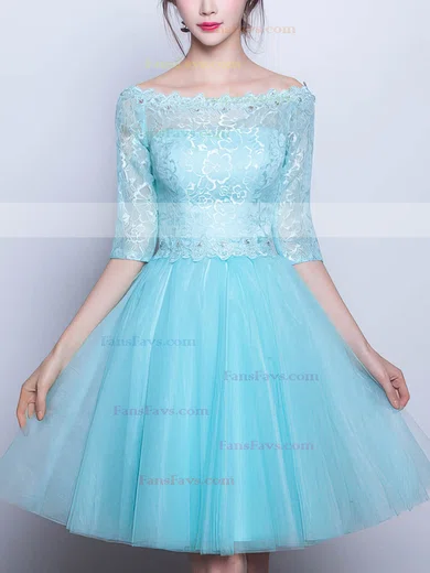 Pretty A-line Scoop Neck Lace Tulle Short/Mini Beading 1/2 Sleeve Short Prom Dresses #Favs020102871