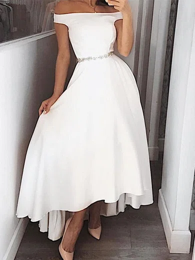 A-line Off-the-shoulder Silk-like Satin Asymmetrical Homecoming Dresses With Sashes / Ribbons #Favs020111780