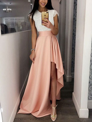 A-line Scoop Neck Silk-like Satin Asymmetrical Homecoming Dresses With Lace #Favs020111785