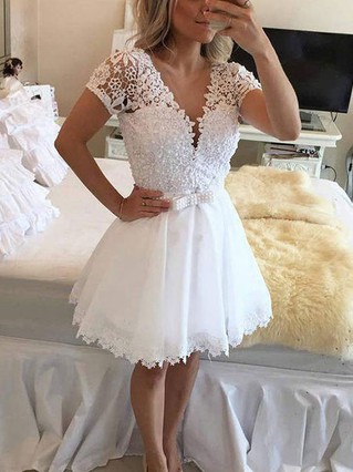 A-line V-neck Chiffon Short/Mini Homecoming Dresses With Appliques Lace #Favs020111786 A-line V-neck Chiffon Short/Mini Homecoming Dresses With Appliques Lace #Favs020111786