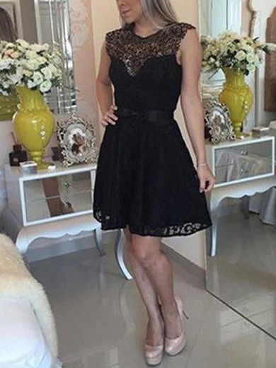 A-line Scoop Neck Lace Knee-length Homecoming Dresses With Sashes / Ribbons #Favs020111788