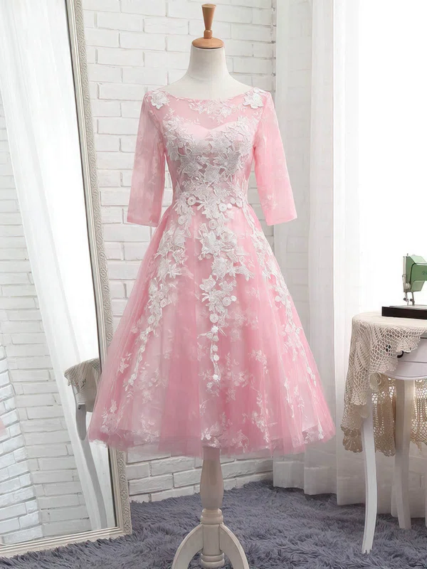 Pretty A-line Scoop Neck Tulle Tea-length Appliques Lace 3/4 Sleeve Short Prom Dresses #Favs020103006