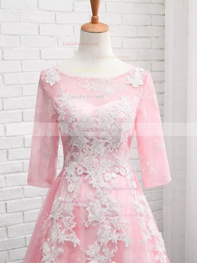 Pretty A-line Scoop Neck Tulle Tea-length Appliques Lace 3/4 Sleeve Short Prom Dresses #Favs020103006