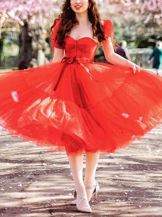 A-line Sweetheart Tulle Tea-length Homecoming Dresses With Sashes / Ribbons #Favs020111803