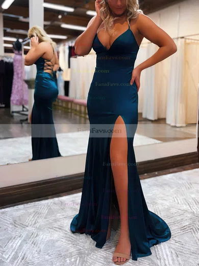 Trumpet/Mermaid V-neck Silk-like Satin Sweep Train Prom Dresses With Split Front #Favs020111814