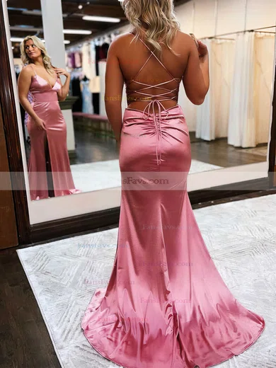 Trumpet/Mermaid V-neck Silk-like Satin Sweep Train Prom Dresses With Split Front #Favs020111814