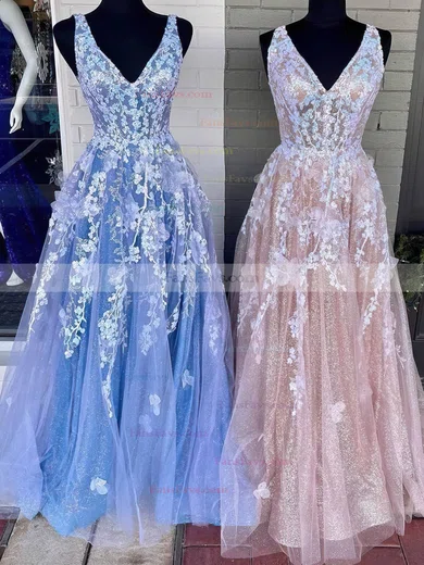 A-line V-neck Tulle Glitter Sweep Train Prom Dresses With Split Front #Favs020111841