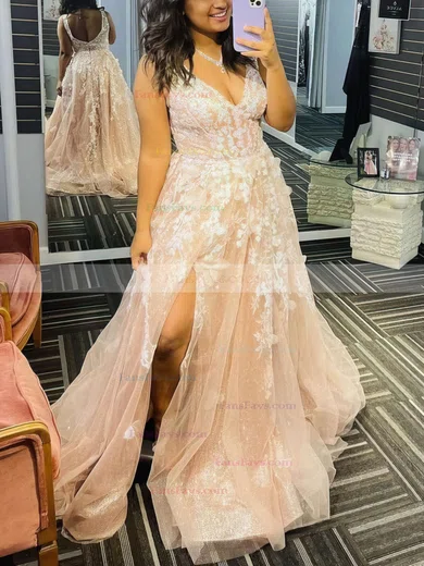 A-line V-neck Tulle Glitter Sweep Train Prom Dresses With Split Front #Favs020111841