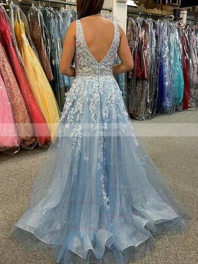 A-line V-neck Tulle Glitter Sweep Train Prom Dresses With Split Front #Favs020111841