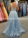 A-line V-neck Tulle Glitter Sweep Train Prom Dresses With Split Front #Favs020111841
