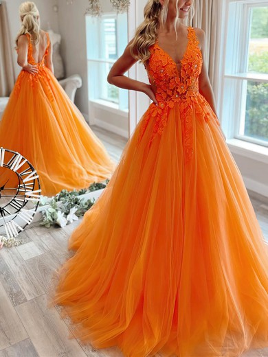 Princess V-neck Lace Tulle Sweep Train Prom Dresses With Appliques Lace #Favs020111863