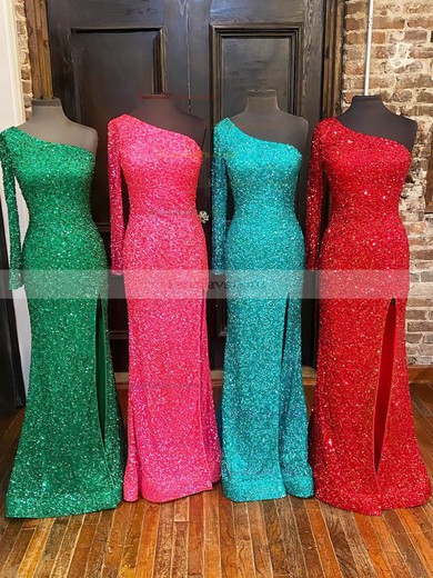 Trumpet/Mermaid One Shoulder Sequined Sweep Train Prom Dresses With Split Front #Favs020111879