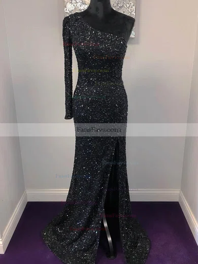 Trumpet/Mermaid One Shoulder Sequined Sweep Train Prom Dresses With Split Front #Favs020111879