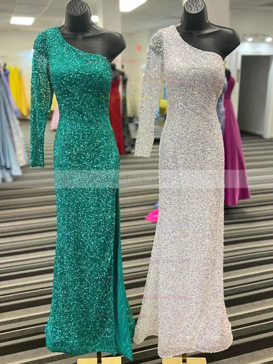 Trumpet/Mermaid One Shoulder Sequined Sweep Train Prom Dresses With Split Front #Favs020111879