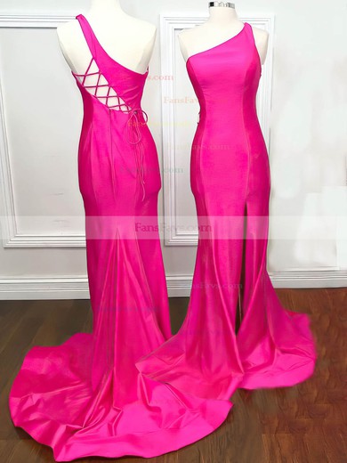 Trumpet/Mermaid One Shoulder Stretch Crepe Sweep Train Prom Dresses With Split Front #Favs020111889