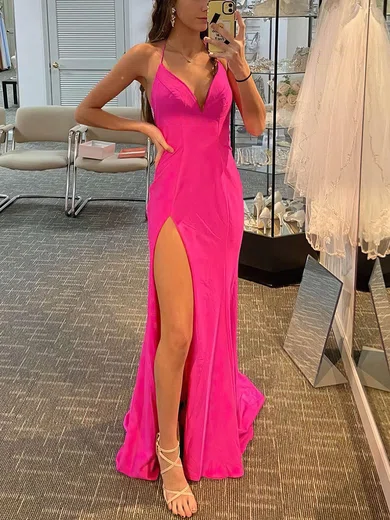 Sheath/Column Halter Stretch Crepe Sweep Train Prom Dresses With Split Front #Favs020111890