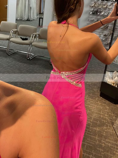 Sheath/Column Halter Stretch Crepe Sweep Train Prom Dresses With Split Front #Favs020111890