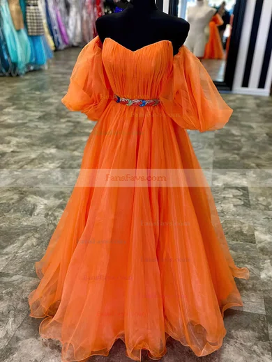 A-line Off-the-shoulder Organza Sweep Train Prom Dresses With Beading #Favs020111892