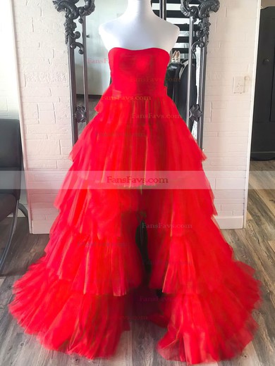 A-line Strapless Tulle Asymmetrical Prom Dresses With Tiered #Favs020111893