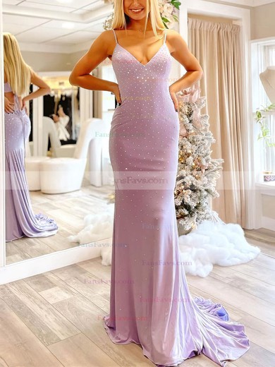 Trumpet/Mermaid V-neck Jersey Sweep Train Prom Dresses With Beading #Favs020111898