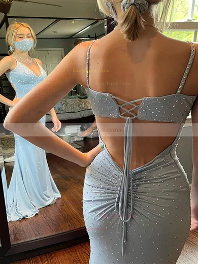 Trumpet/Mermaid V-neck Jersey Sweep Train Prom Dresses With Beading #Favs020111898