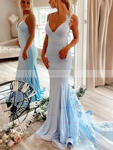Trumpet/Mermaid V-neck Jersey Sweep Train Prom Dresses With Appliques Lace #Favs020111899