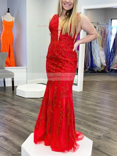 Trumpet/Mermaid V-neck Tulle Lace Sweep Train Prom Dresses With Appliques Lace #Favs020111901