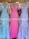 Trumpet/Mermaid V-neck Tulle Lace Sweep Train Prom Dresses With Appliques Lace #Favs020111901