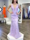 Trumpet/Mermaid V-neck Tulle Lace Sweep Train Prom Dresses With Appliques Lace #Favs020111901