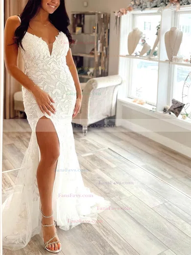 Trumpet/Mermaid V-neck Lace Tulle Sweep Train Prom Dresses With Split Front #Favs020111904