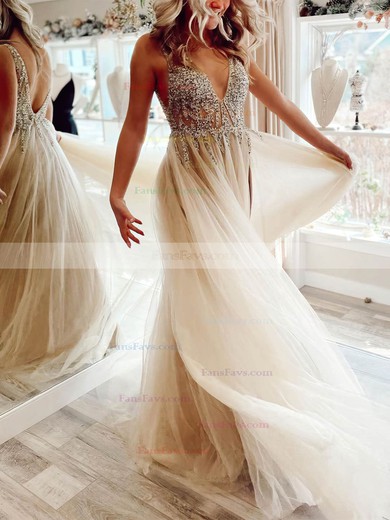 A-line V-neck Tulle Sweep Train Prom Dresses With Beading #Favs020111905