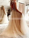 A-line V-neck Tulle Sweep Train Prom Dresses With Beading #Favs020111905