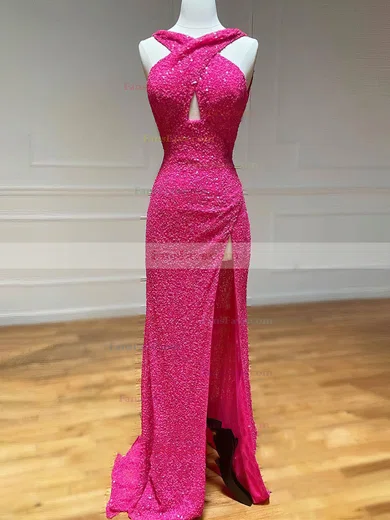 Sheath/Column V-neck Sequined Sweep Train Prom Dresses With Split Front #Favs020111906