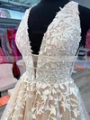 A-line V-neck Lace Tulle Sweep Train Prom Dresses With Appliques Lace #Favs020111930