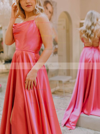 A-line Cowl Neck Silk-like Satin Sweep Train Prom Dresses With Split Front #Favs020111933