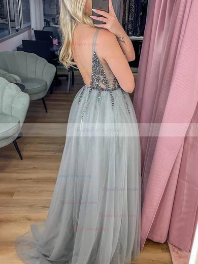 A-line V-neck Tulle Sweep Train Prom Dresses With Split Front #Favs020111961